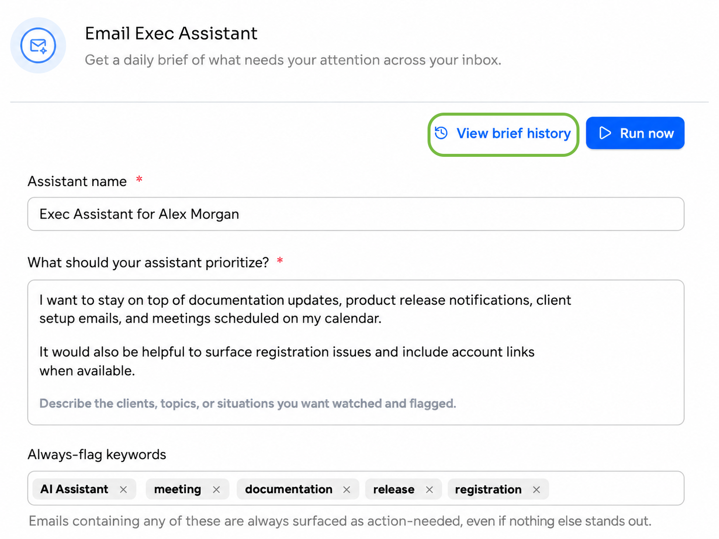 Email Exec Assistant settings page with the View brief history link highlighted