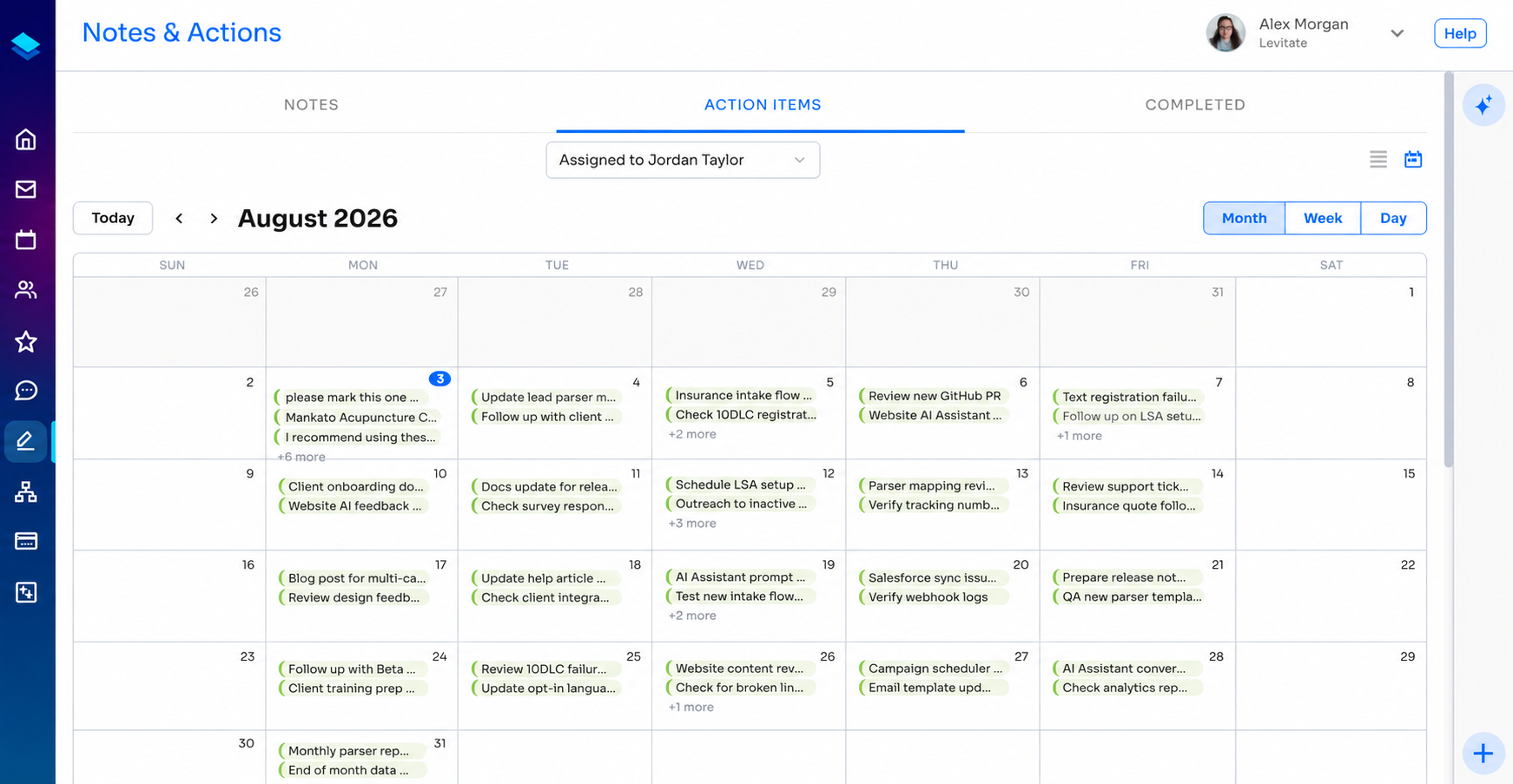 Screenshot of the Action Items calendar view showing items on their due dates