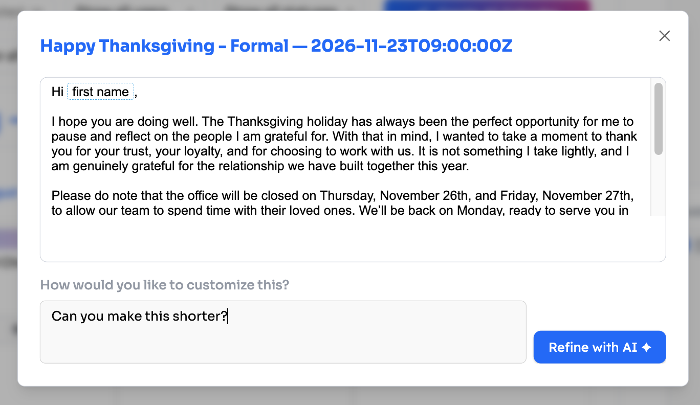 AI content refinement panel showing the content preview and the How would you like to customize this field with an instruction typed in