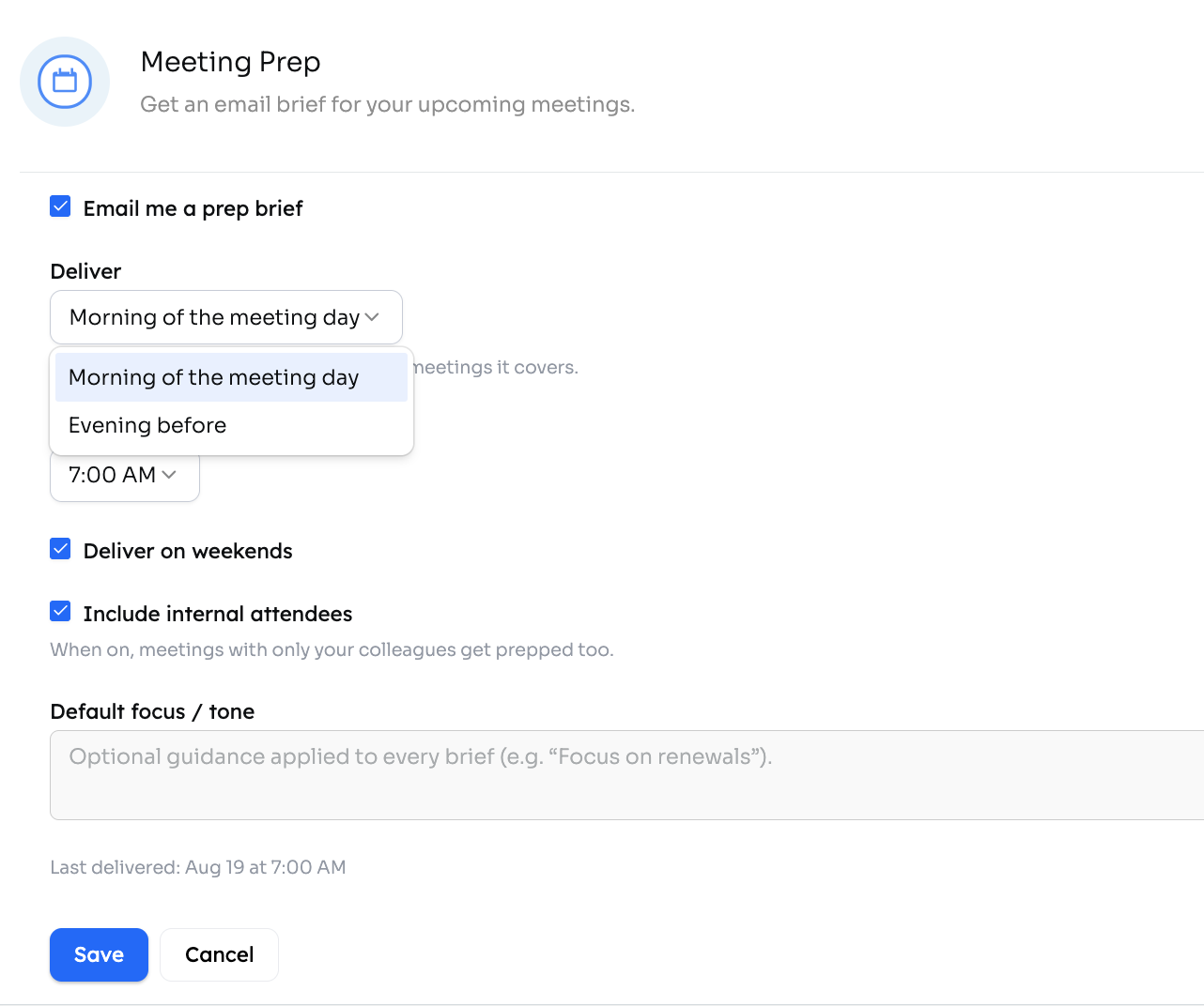 Meeting Prep settings panel