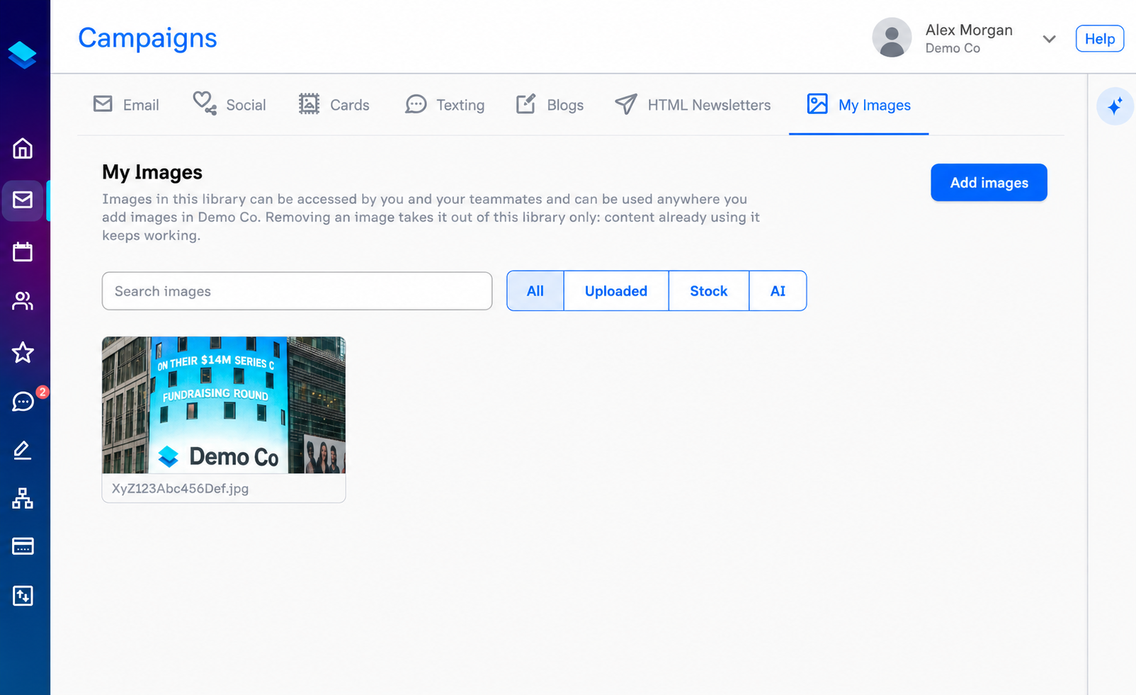 My Images tab under Campaigns showing saved images with search and filter options