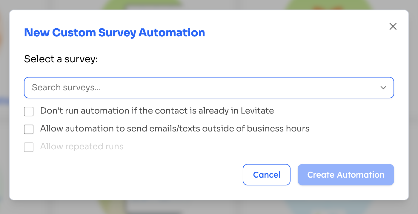 The New Custom Survey Automation dialog with a survey selected and enrollment options