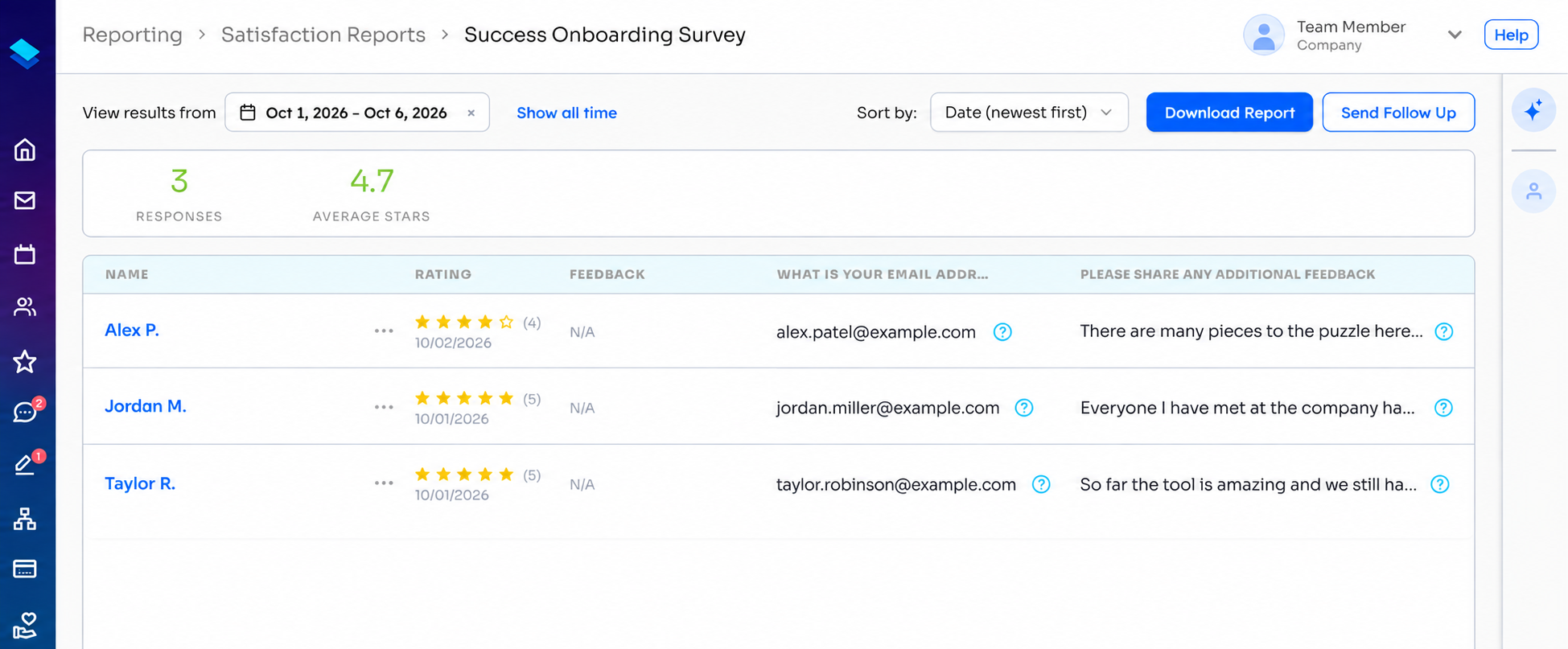 A Satisfaction Survey report showing the date range picker, Show all time, the stats card with responses and average stars, and the respondent table.