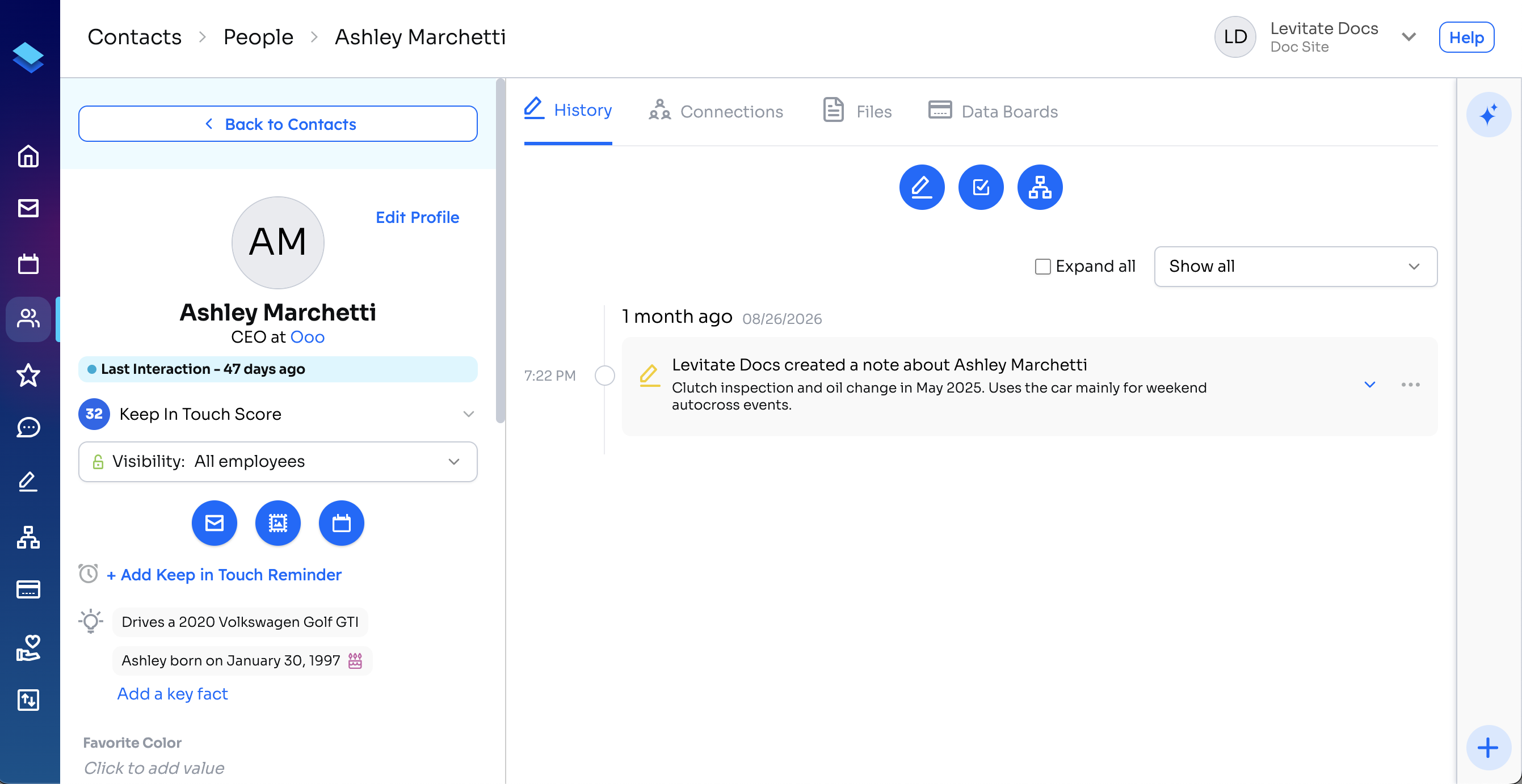 A contact profile in Levitate, showing the contact details and History tab