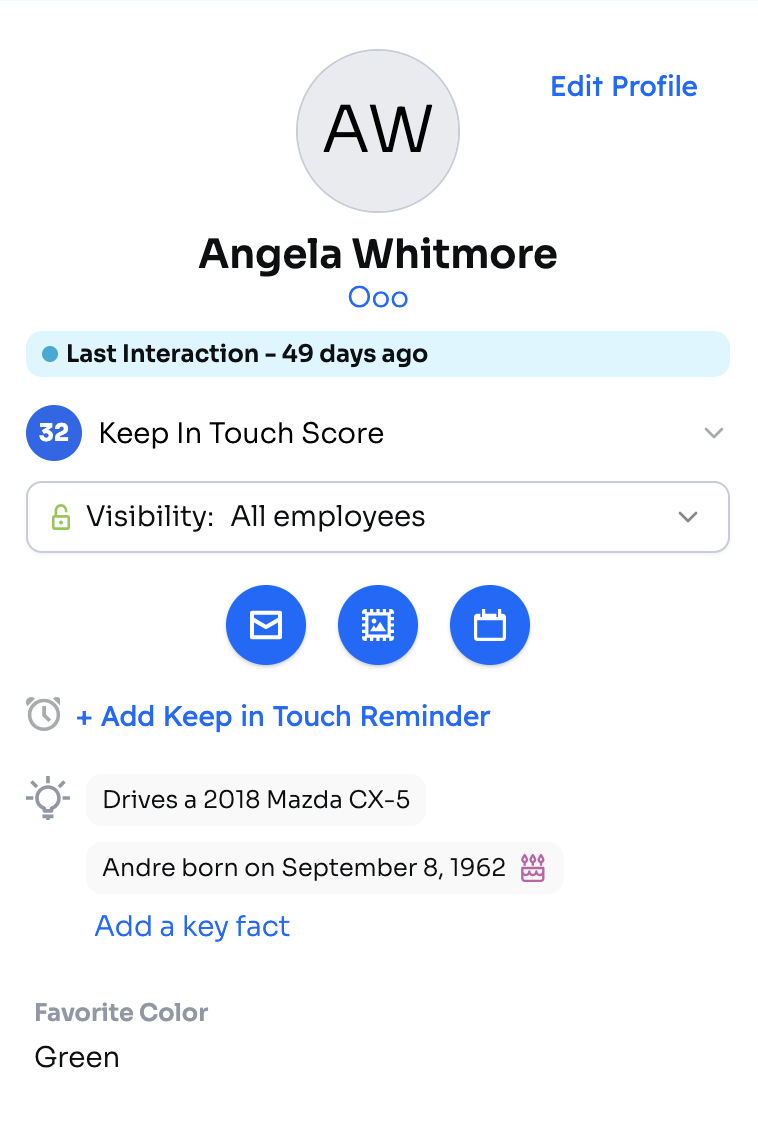 Contact profile showing the Favorite Color custom field and its value below the key facts