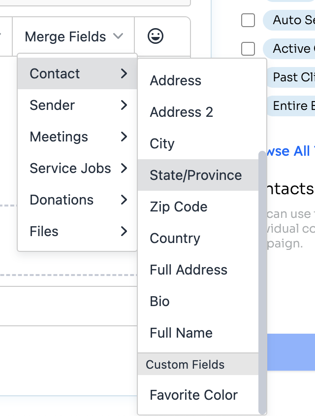 Merge Fields menu open on Contact, with Favorite Color listed under Custom Fields