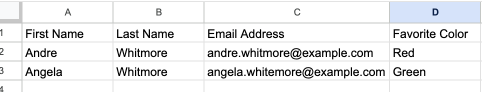 Spreadsheet with First Name, Last Name, Email Address, and a Favorite Color custom field column