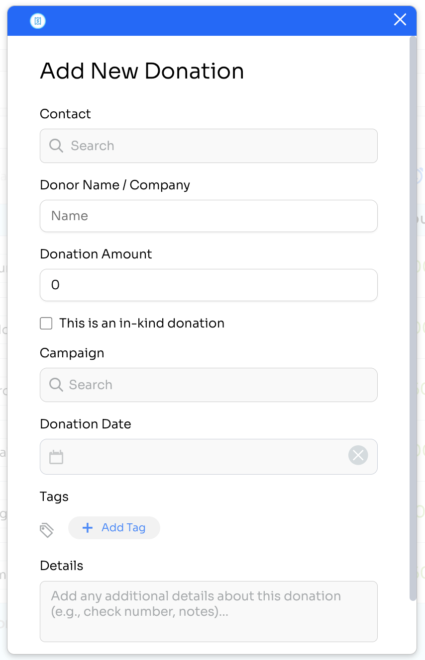 Add New Donation form