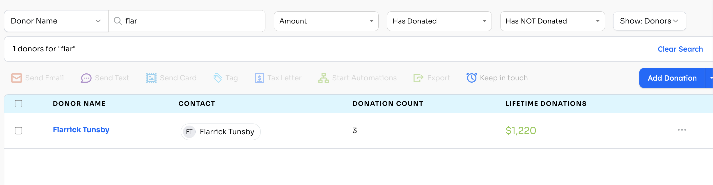 Donation Board filtered by donor name, showing donation count and lifetime donations