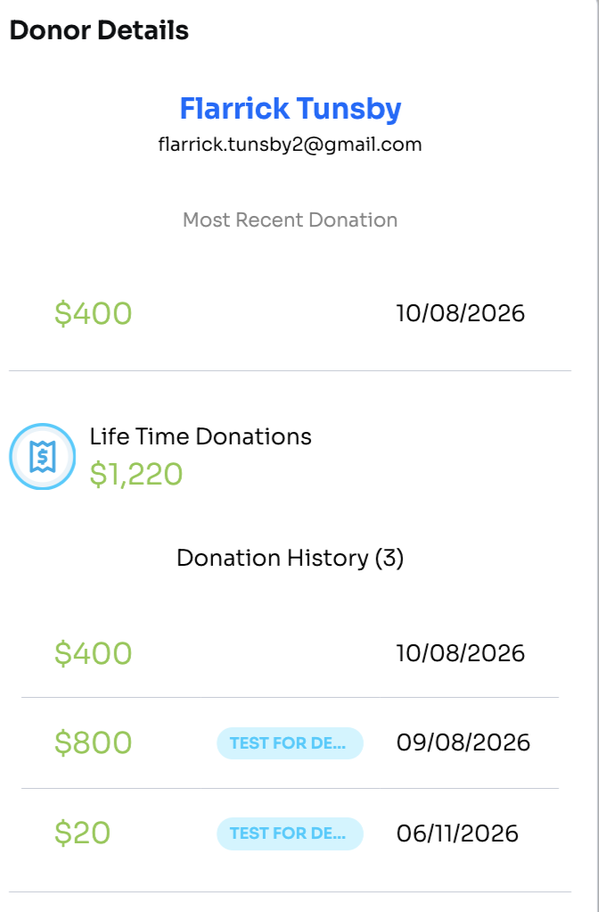 Donor Details panel with most recent donation, lifetime donations, and donation history