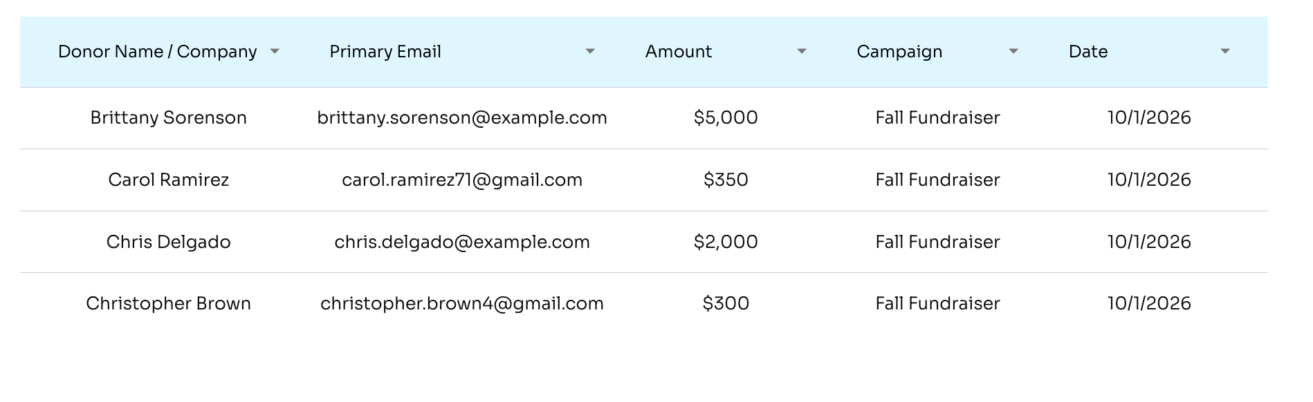 Sample donation spreadsheet with Donor Name / Company, Primary Email, Amount, Campaign, and Date columns