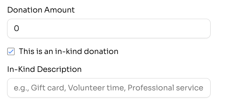 Donation Amount set to 0 with This is an in-kind donation checked and an In-Kind Description field
