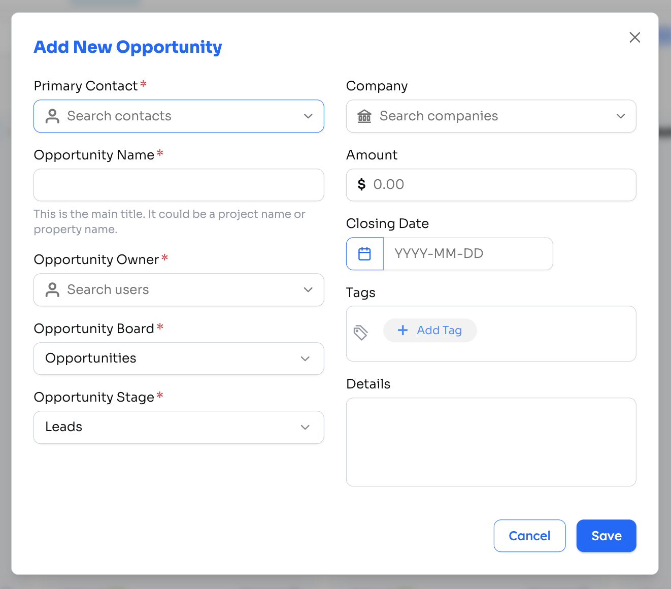 Add New Opportunity form