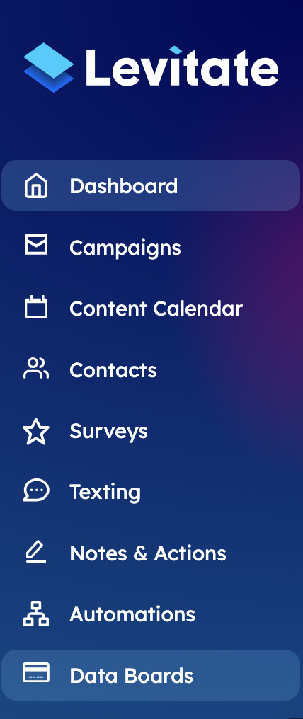 Levitate main navigation with Data Boards highlighted