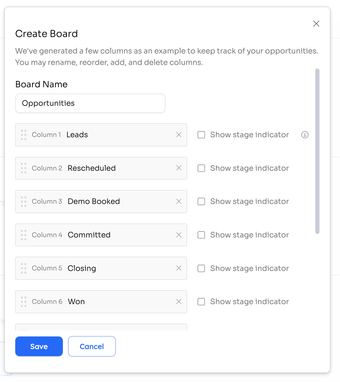 Create Board dialog with board name and column stages