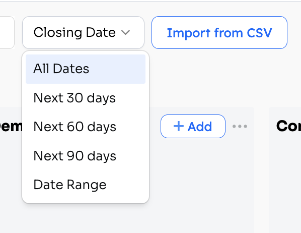 Closing Date filter with All Dates, Next 30, 60, and 90 days, and Date Range
