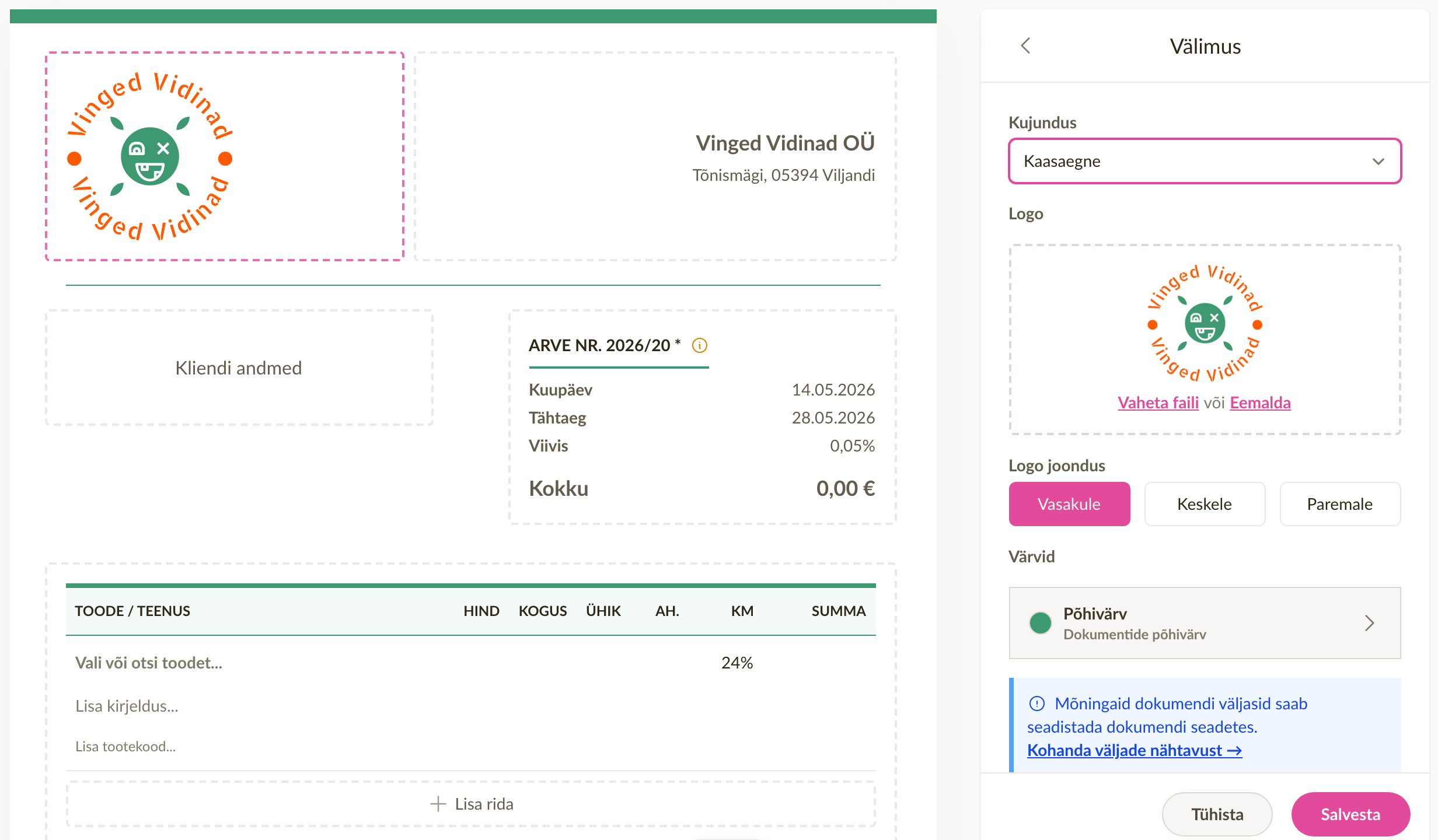 Välimuse paneel avatud arve koostamise vaates: teema valikud, logo, logo joondus ja põhivärv