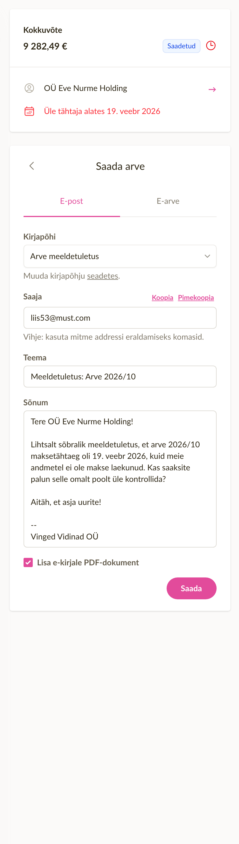 Saada arve külgpaneel avatud arve kõrval, näha on väljad Kirjapõhi, Saaja, Cc / Bcc, Pealkiri ja Sõnum