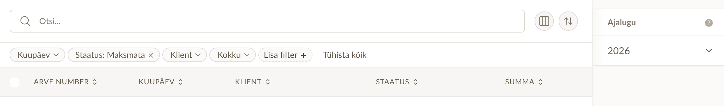 Arvete nimekiri, kus filtririba on aktiivsed Kuupäev, Staatus, Klient ja Summa filtrinupud