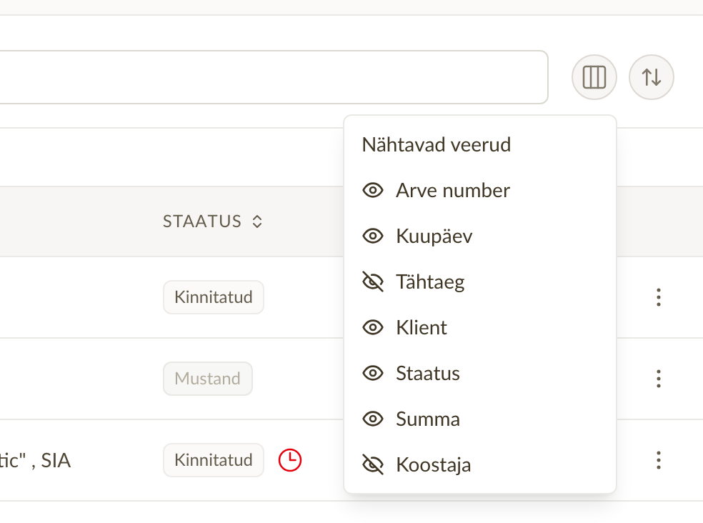 Avatud veeruvalija arvete nimekirjal, iga saadaoleva veeru juures silma-ikooni lülitid