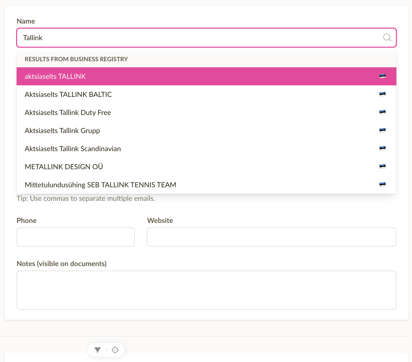 Typing in the customer Name field surfaces a "Results from Business Registry" dropdown with matching companies and country flags