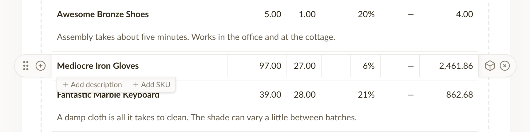 The + Add description and + Add SKU buttons under a hovered line item