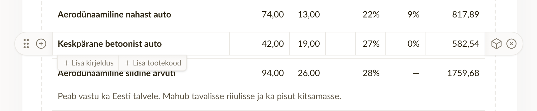 Nupud + Lisa kirjeldus ja + Lisa tootekood kursori all oleva rea all
