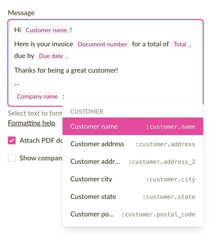 An email template message with placeholder chips and the placeholder list open after typing a colon