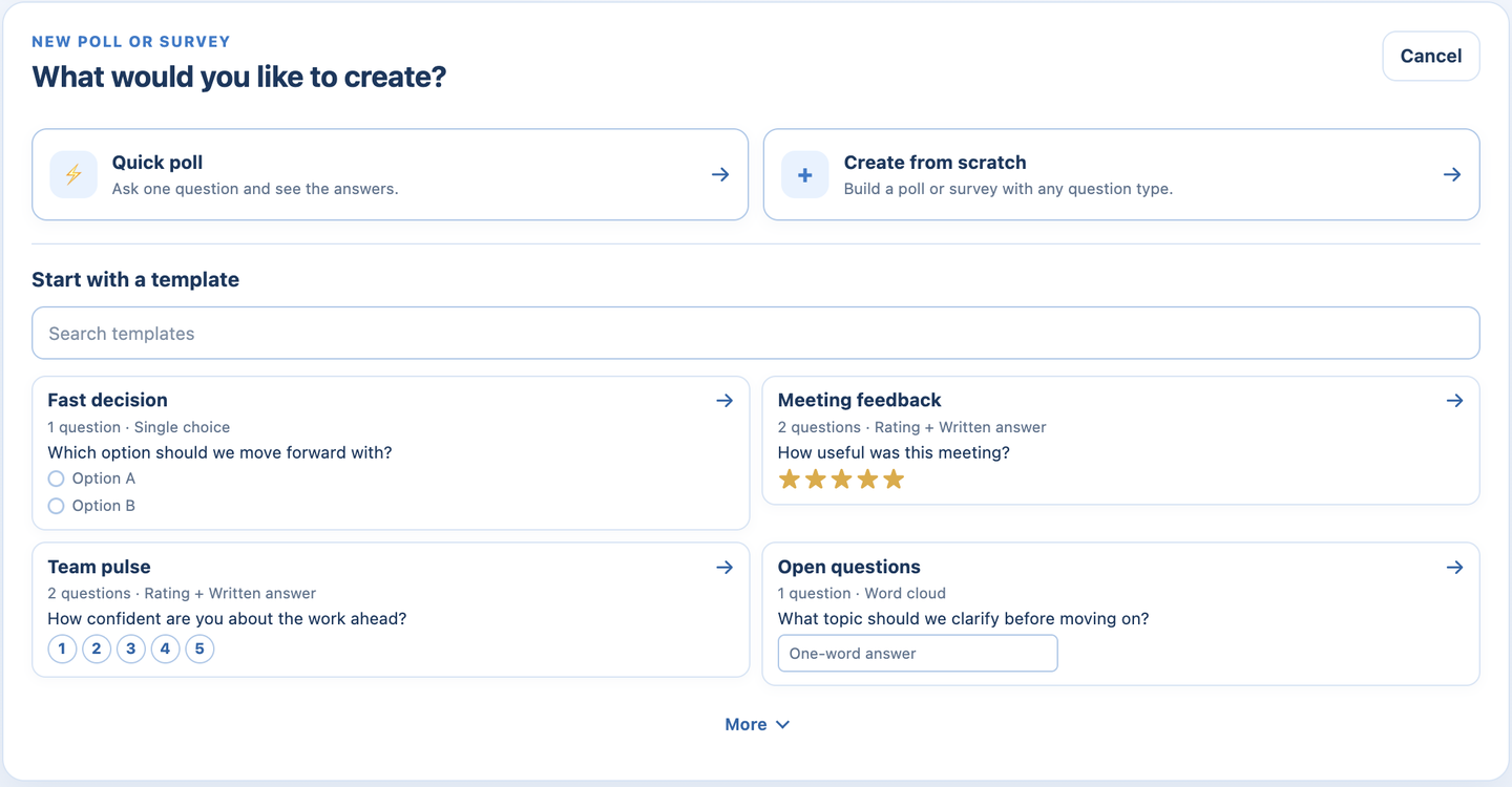 The create screen in a Teams meeting: Quick poll, Create from scratch, or start with a template
