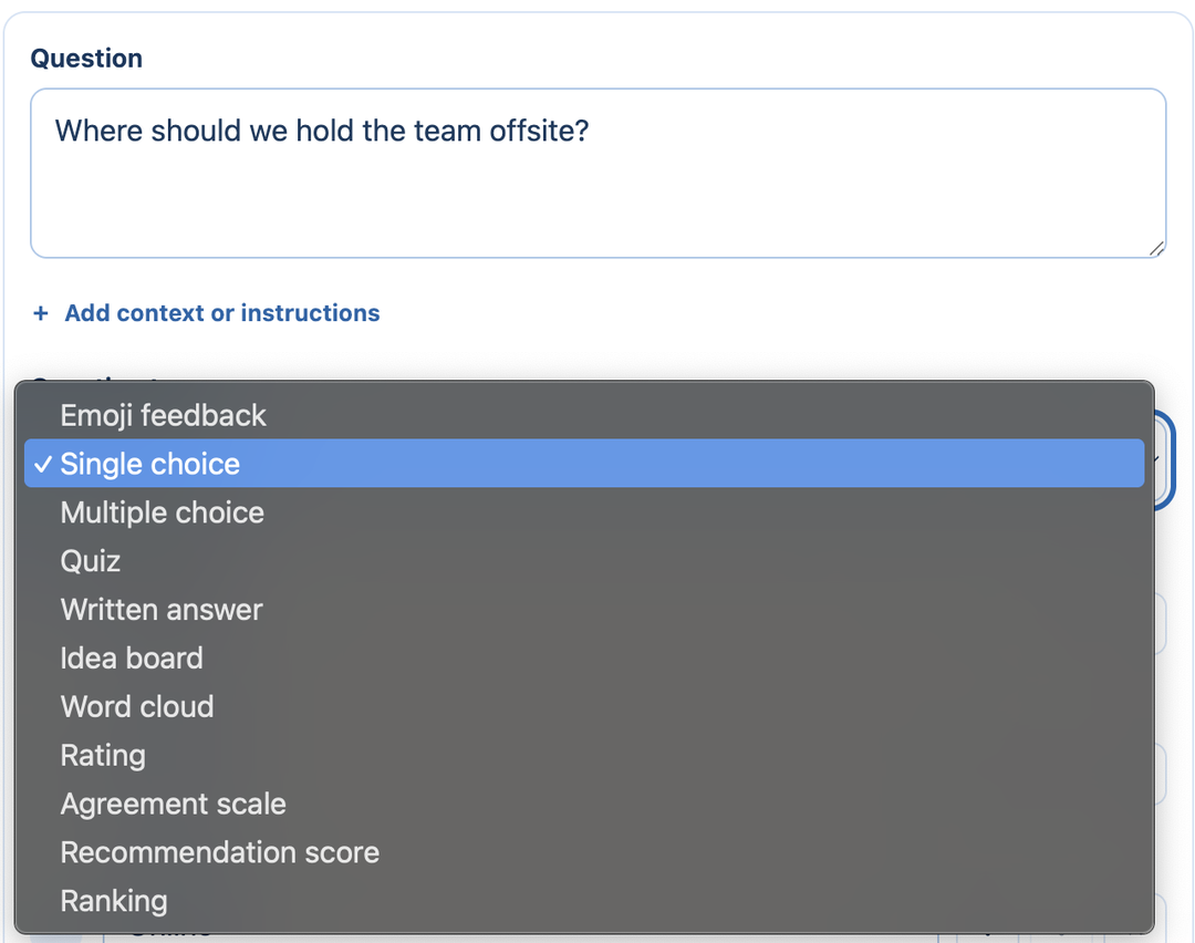 The Question type menu listing all eleven question types