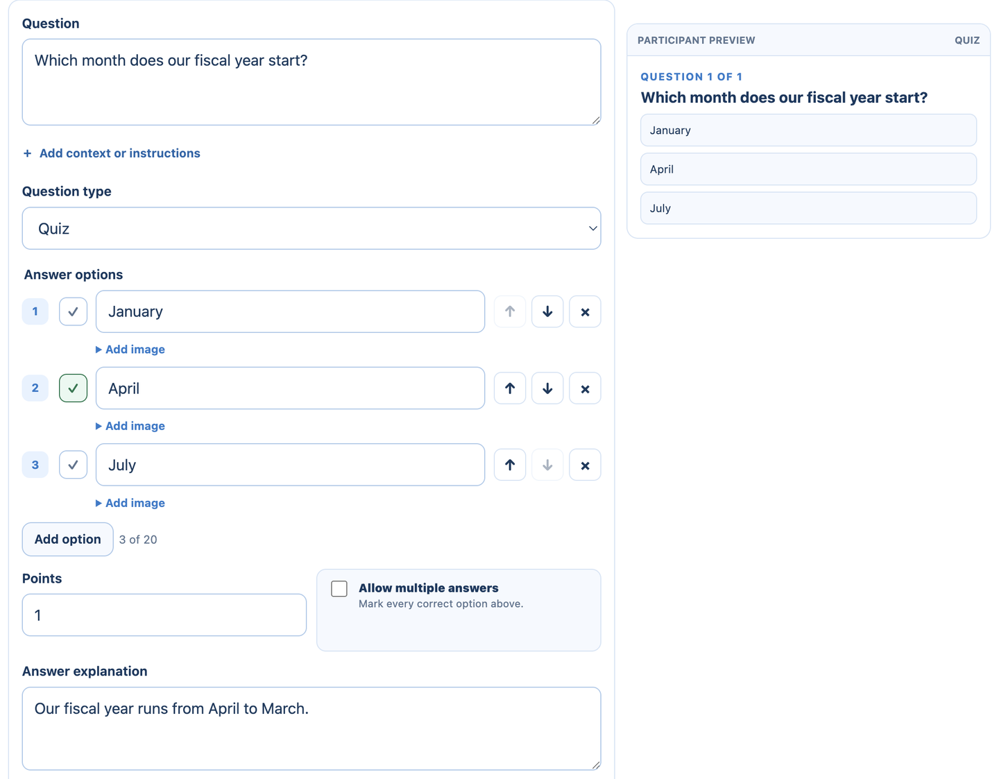 A quiz question with the correct answer ticked, points, and an answer explanation
