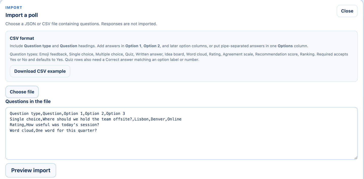 The Import a poll panel with CSV questions pasted in, ready for Preview import