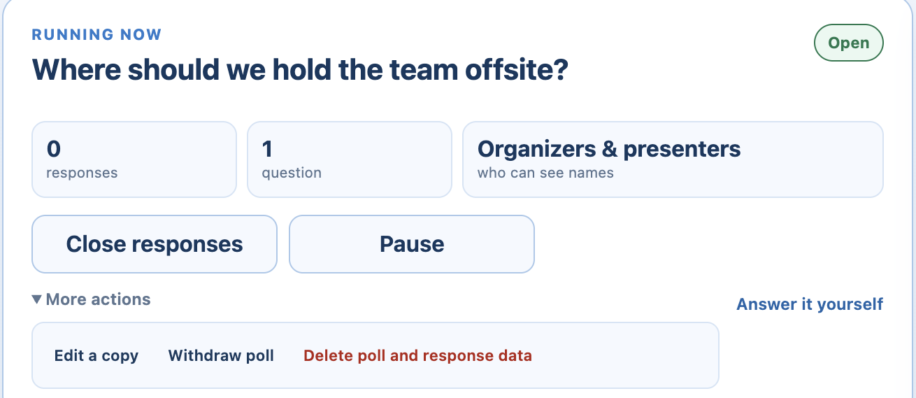More actions on a poll, with Withdraw poll and Delete poll and response data