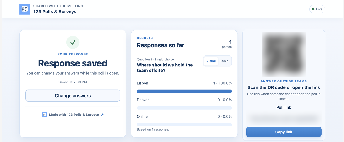 A poll shared on the Teams meeting screen with live results and a QR code
