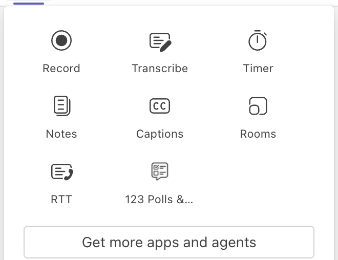 The More menu in a Teams meeting with 123 Polls & Surveys next to the built-in apps