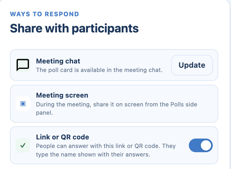 Share with participants: Meeting chat, Meeting screen, and Link or QR code