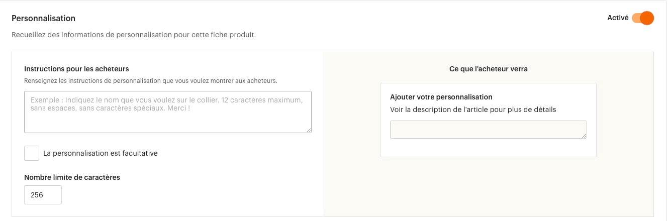 Personnalisation Etsy