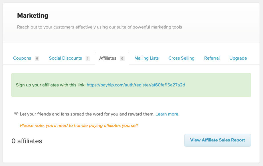 The Affiliates page on Payhip