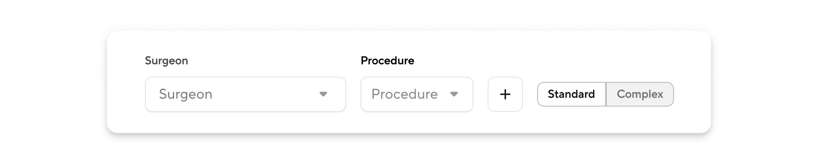 Dropdowns to select surgeon, procedure and toggle for standard or complex predictions
