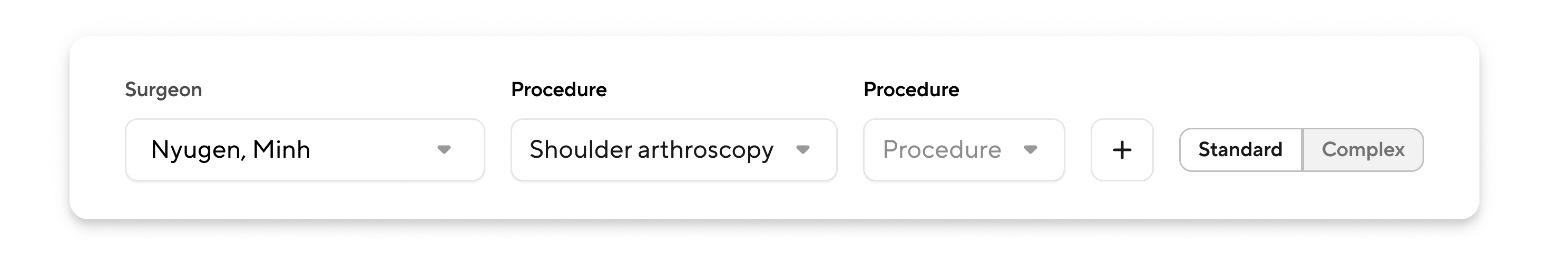 Dropdowns to select surgeon, procedure, additional procedure, and toggle for standard or complex predictions