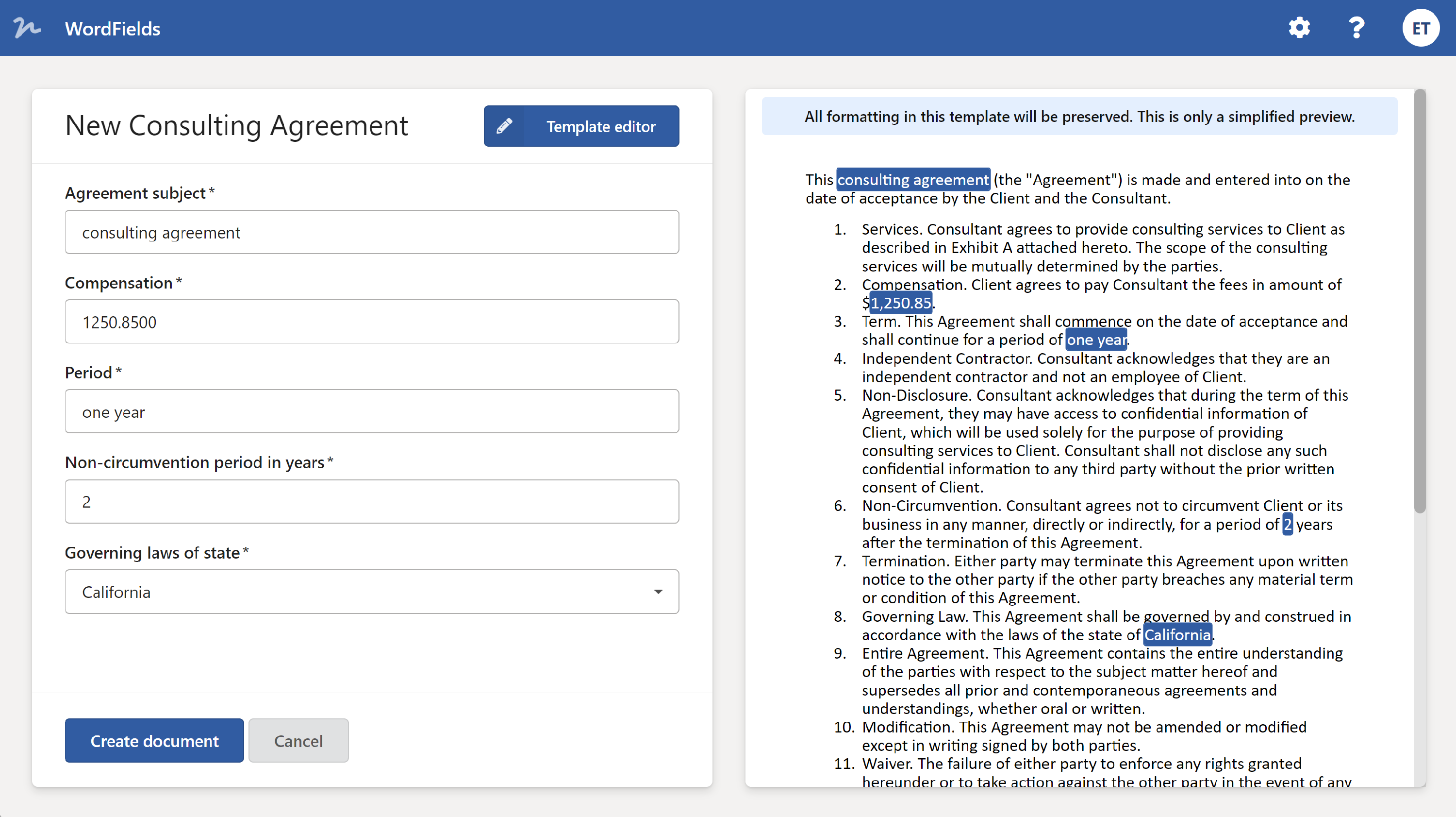 Generate Word document from a template using a fill-out form