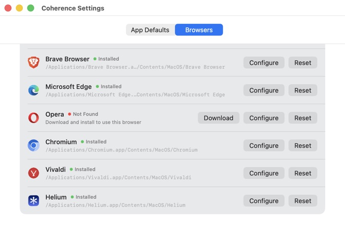 Browser Configuration with Configure and Reset buttons