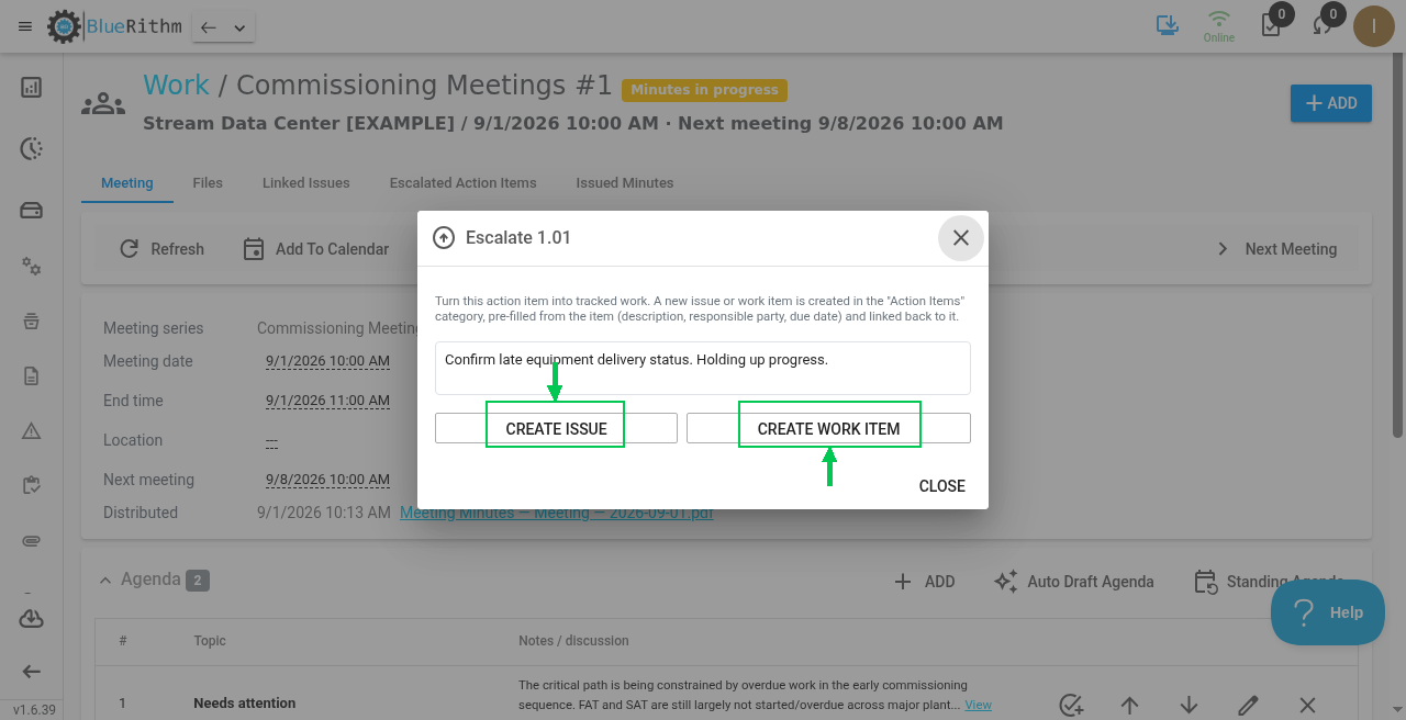Escalate dialog: CREATE ISSUE or CREATE WORK ITEM