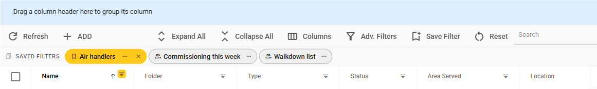 Grid toolbar with the Save Filter button and the saved filter badges, one of them applied