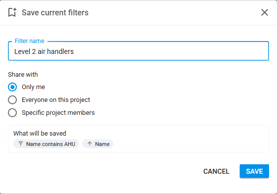 Save current filters dialog with the filter name, sharing options and the list of what will be saved