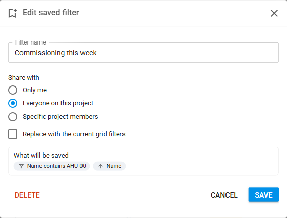 Edit saved filter dialog with rename, sharing, replace with the current grid filters, and delete