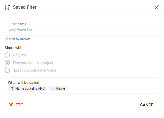 Read-only view of a filter shared by another user, with Delete available to an admin