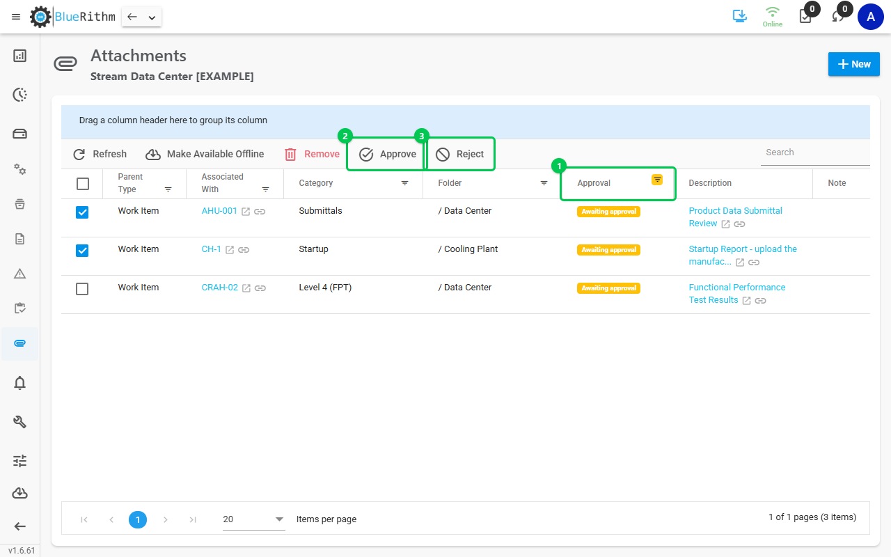 Attachments filtered to Awaiting approval, two uploads ticked, with Approve and Reject in the toolbar