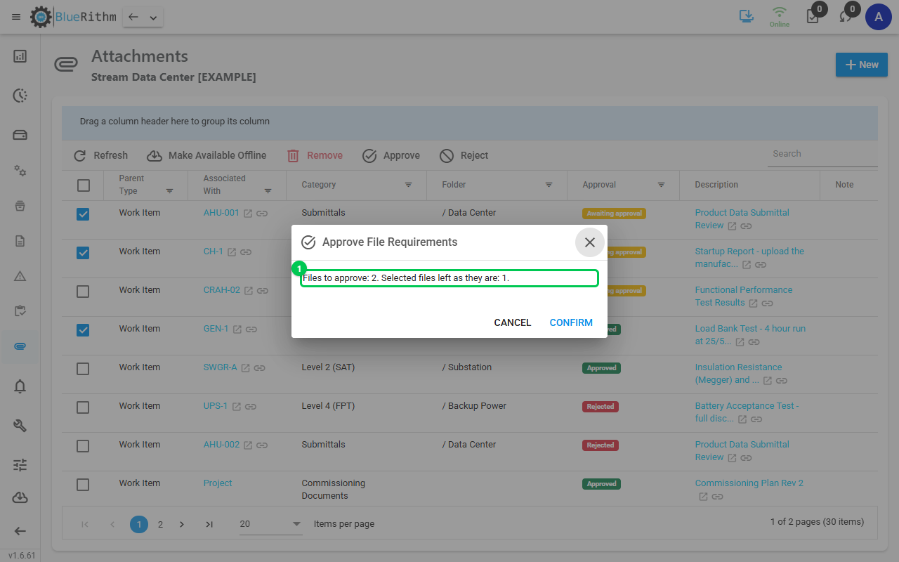 Approve File Requirements confirmation showing how many files will be approved and how many are left as they are
