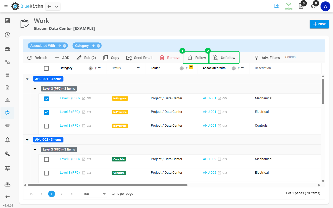 Follow and Unfollow in the Work grid toolbar with two rows checked
